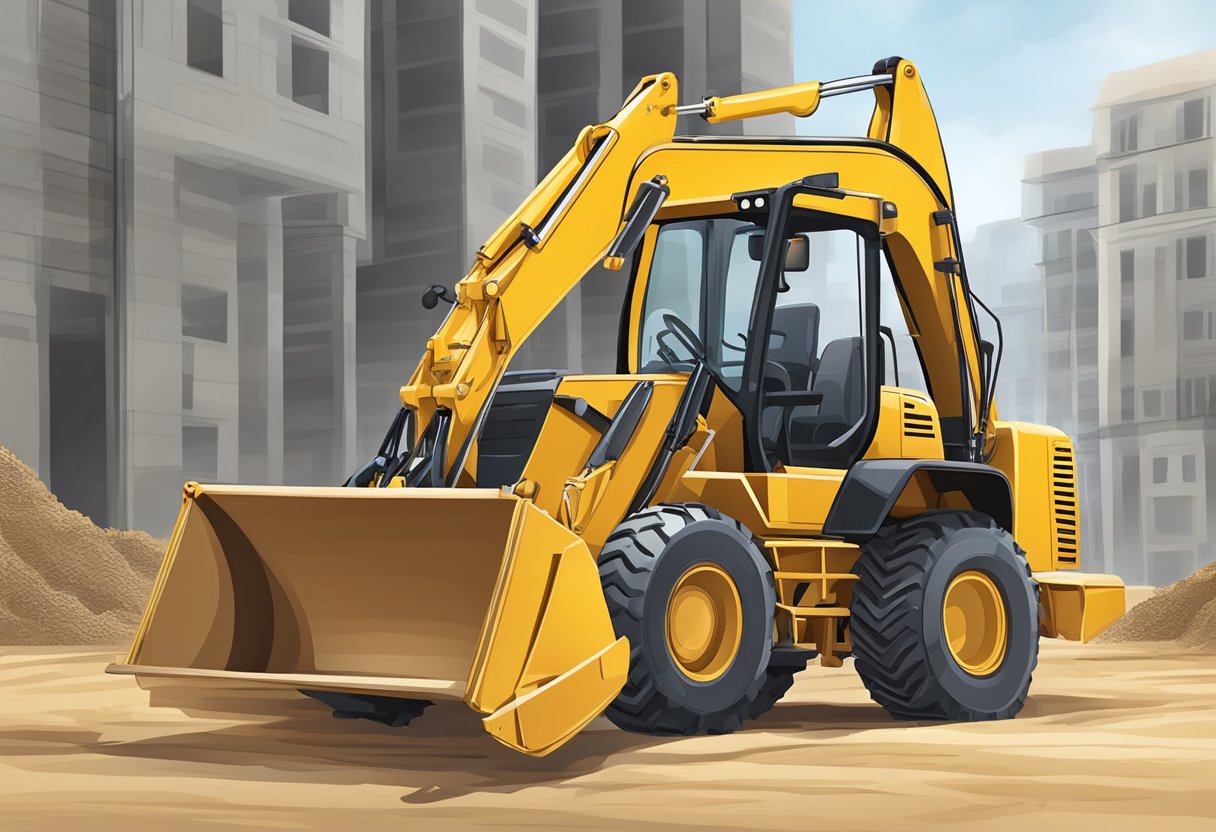 A backhoe with attached forks lifting and moving heavy materials at a construction site