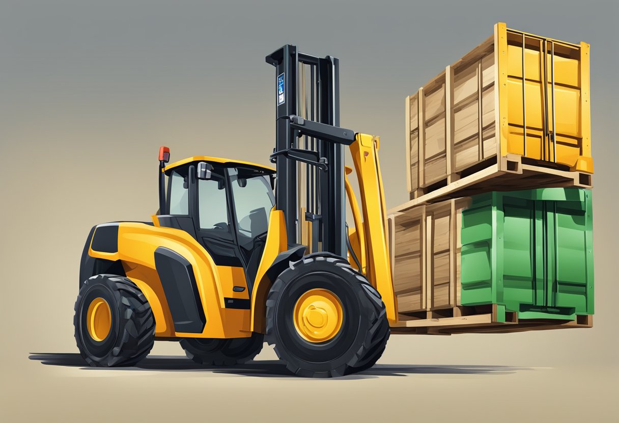 A loader bucket with pallet forks attached, lifting a pallet of goods