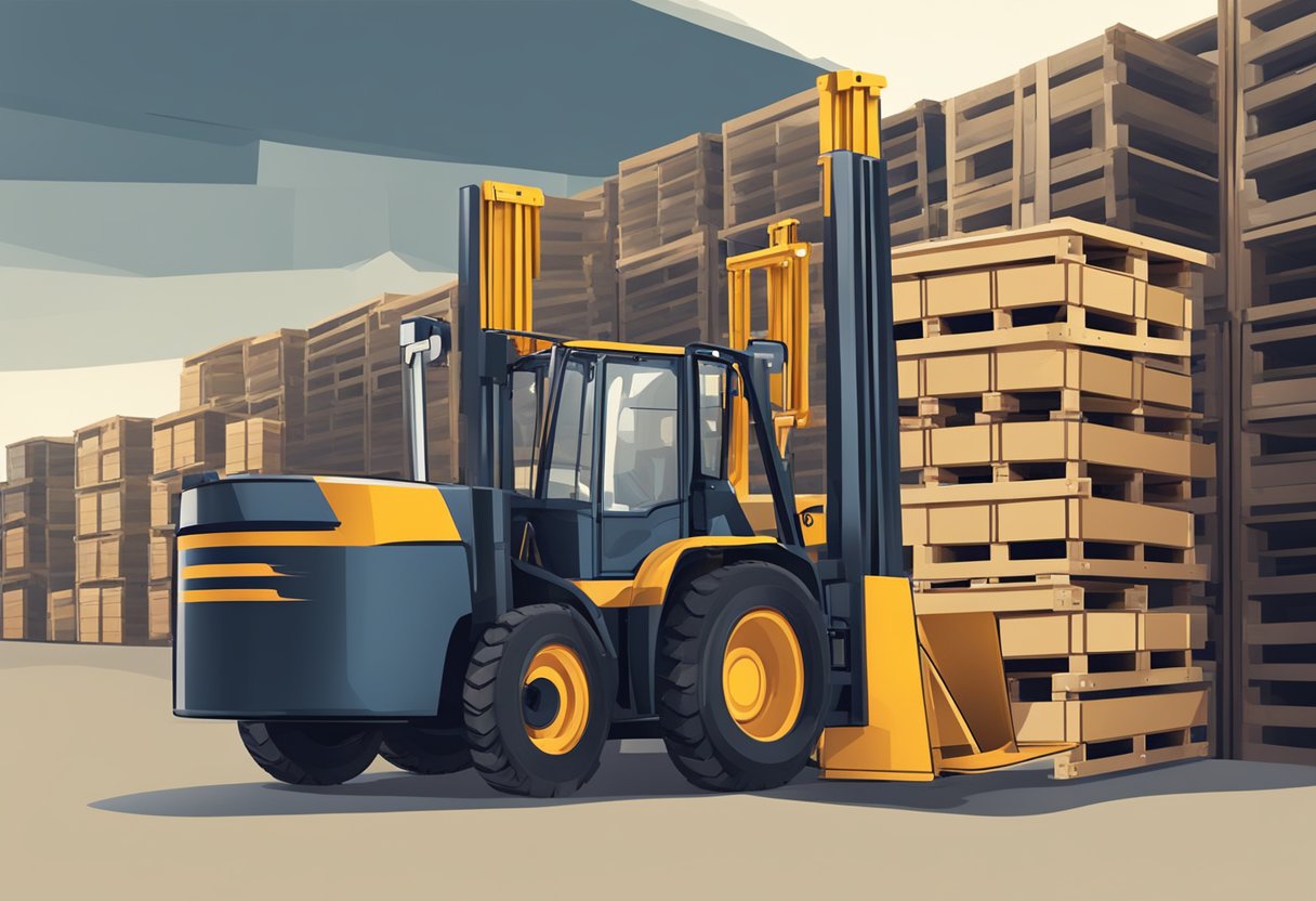 Pallet forks attached to a loader bucket, lifting a stack of pallets against a backdrop of a warehouse or construction site