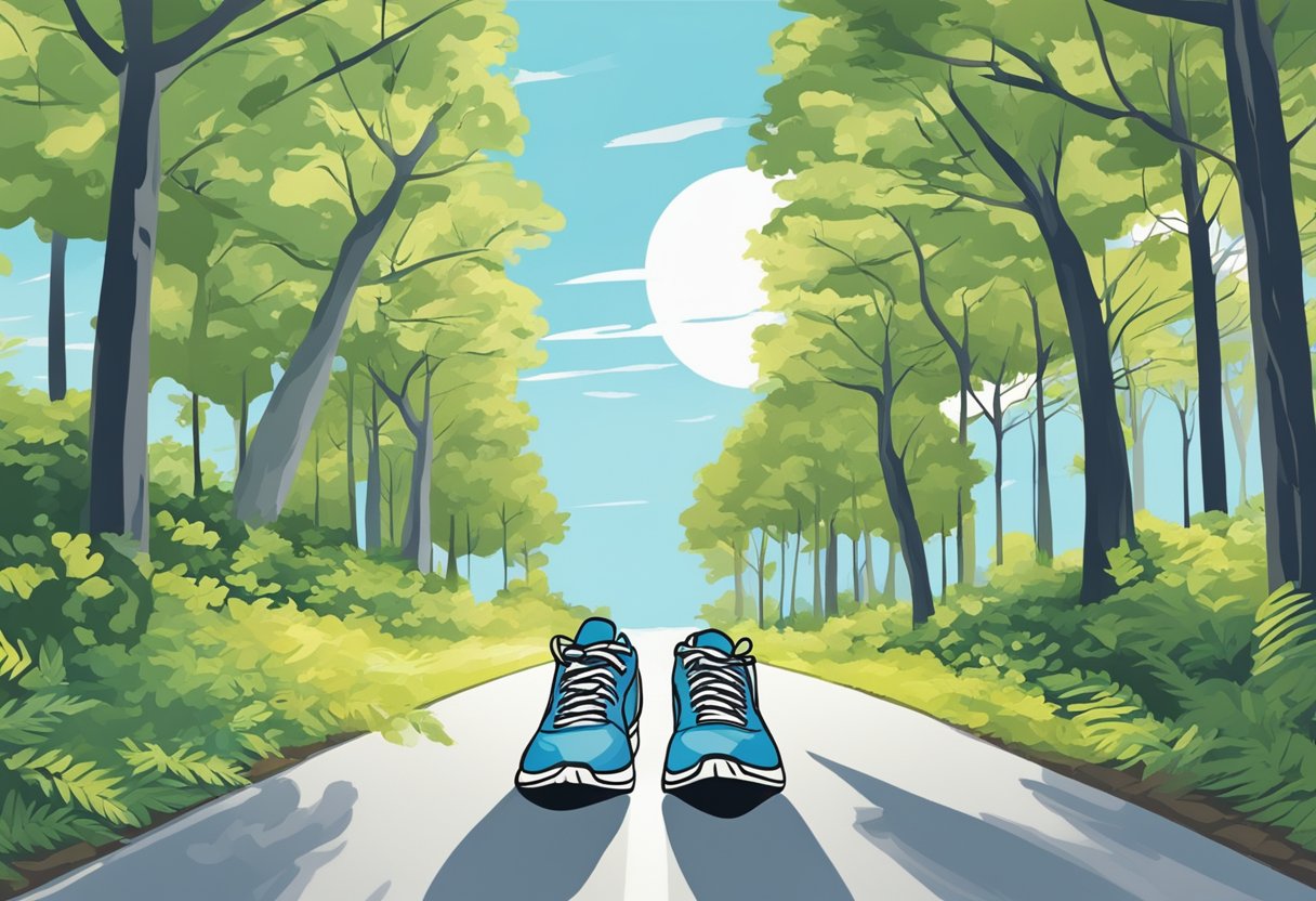 A pair of sneakers hitting the pavement, surrounded by trees and a clear blue sky. The path stretches ahead, symbolizing the daily 4-mile walk for weight loss