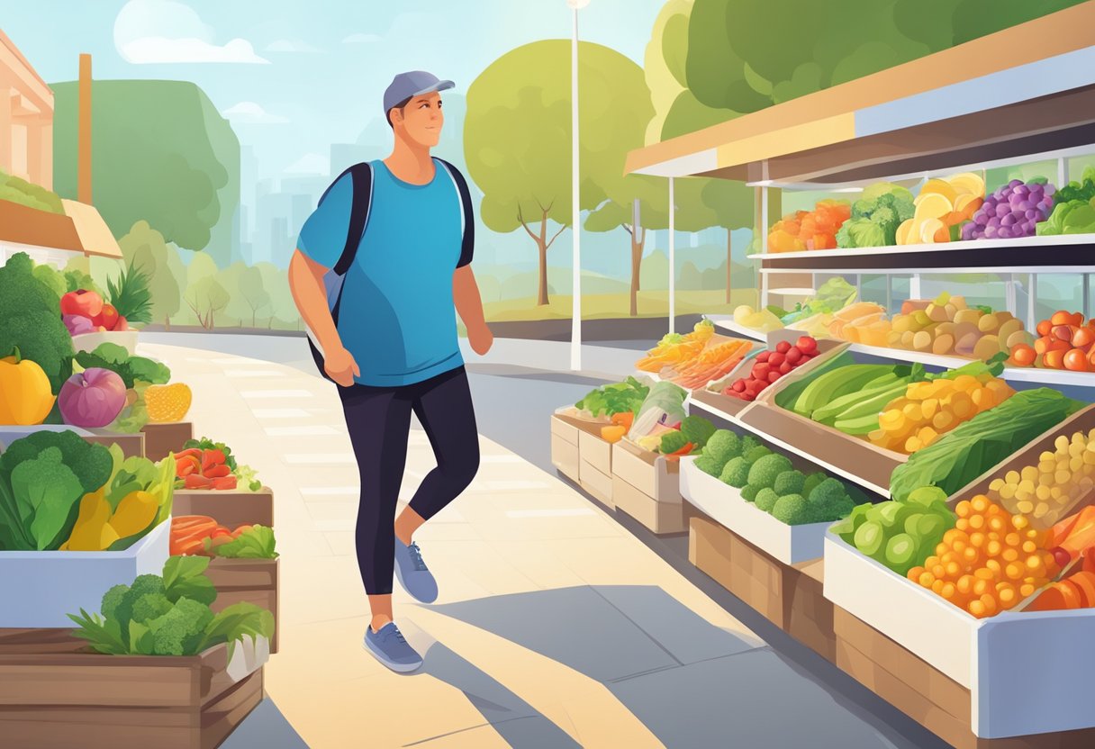 Person walks 4 miles daily, surrounded by healthy food options and nutritional supplements for weight loss