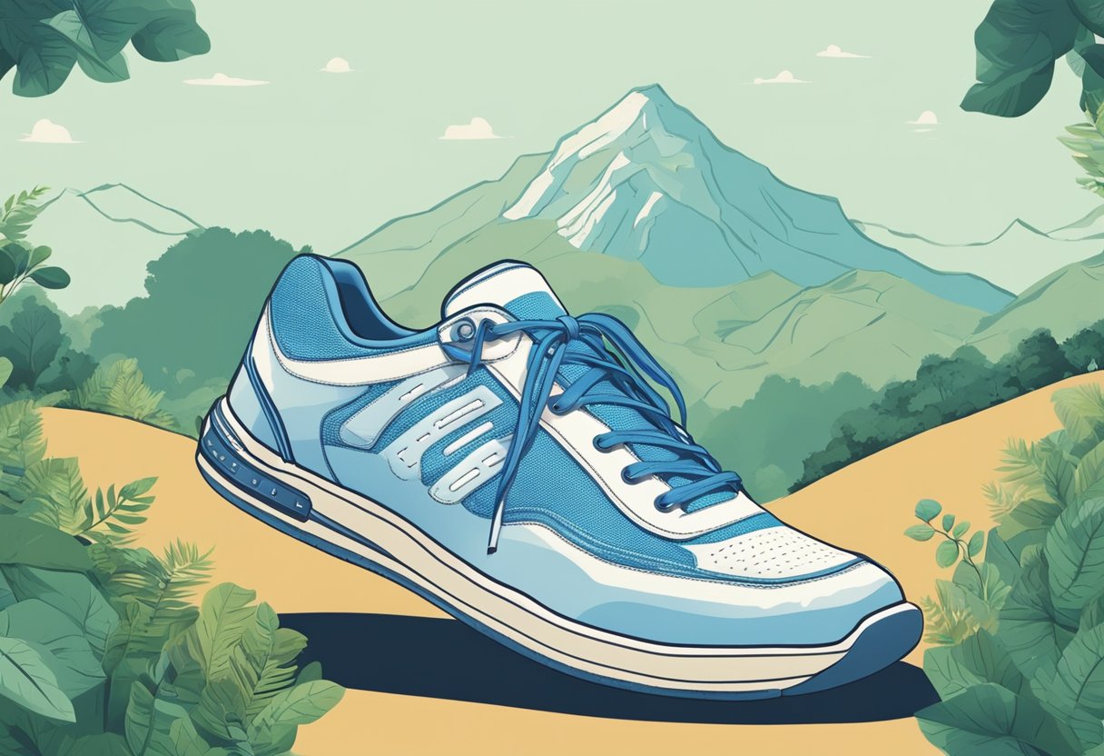 A pair of worn-out sneakers on a winding path, surrounded by lush greenery and a clear blue sky, with a scale showing decreasing numbers