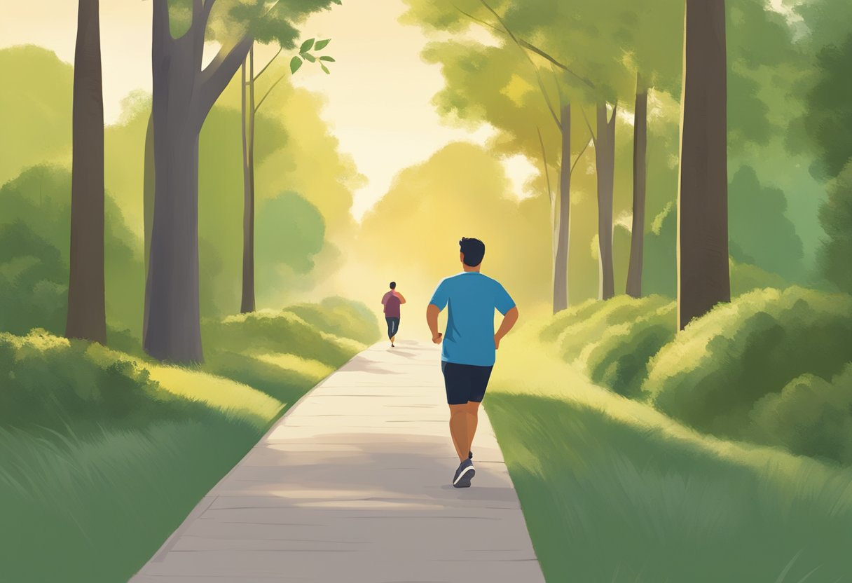 A person walks briskly along a tree-lined path, covering 4 miles a day. The sun is shining, and the person appears determined and focused on their weight loss journey