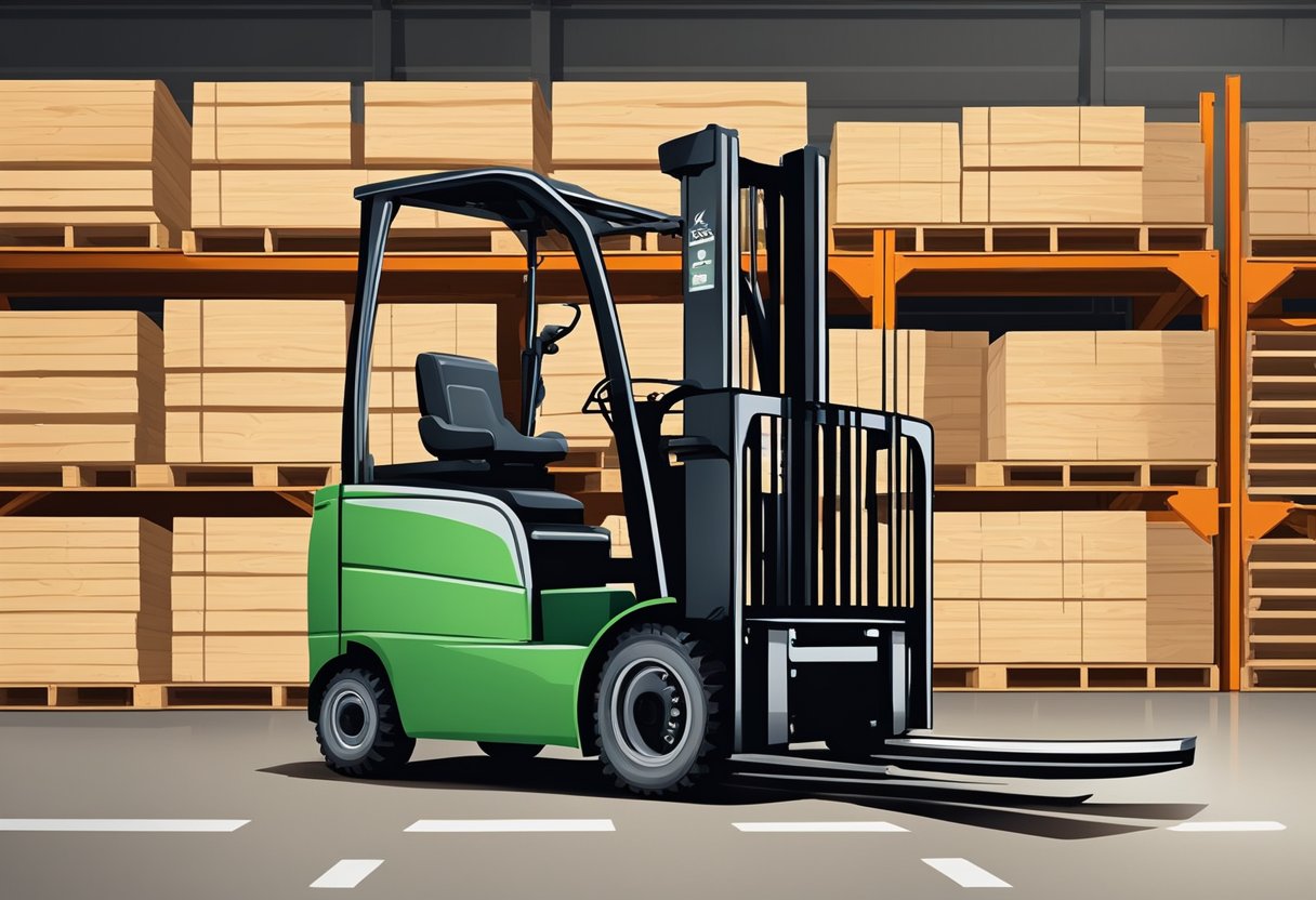 A forklift with lumber forks lifting wooden planks in a warehouse setting