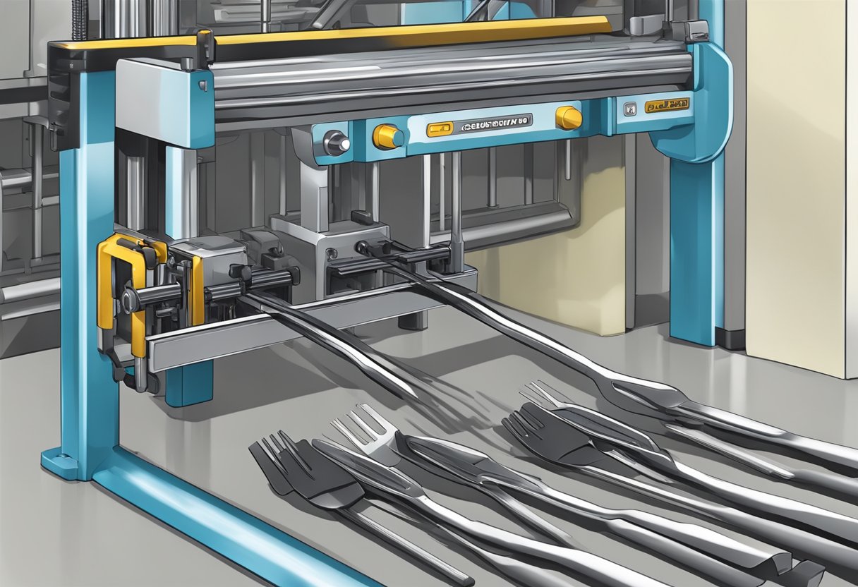 Two shaft mounted forks extend from a machine, with one fork slightly higher than the other