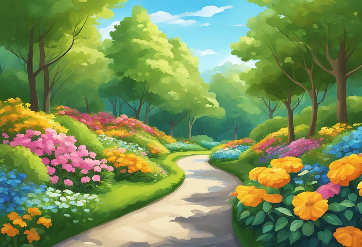 A sunny park path with a winding trail, surrounded by lush green trees and vibrant flowers, with a clear blue sky overhead