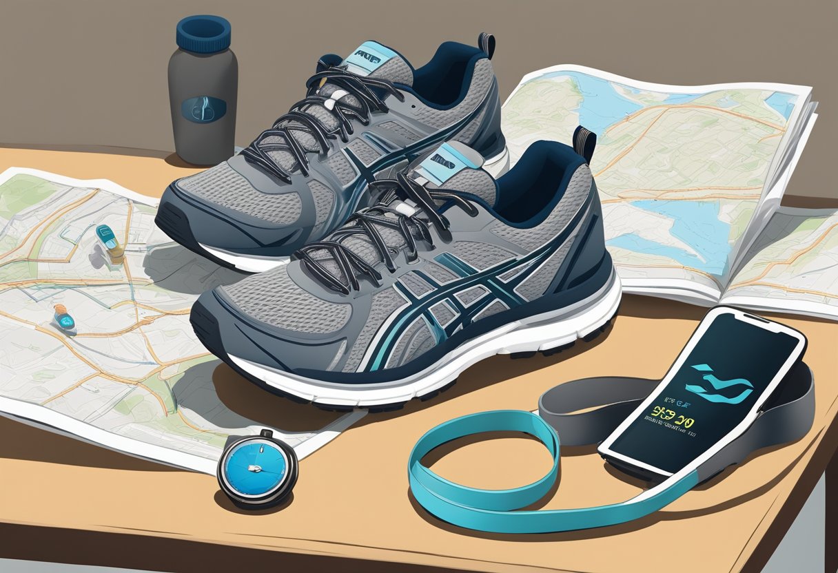 A pair of running shoes by the door, a water bottle, and a stopwatch on a table. A trail map and a fitness tracker are laid out nearby