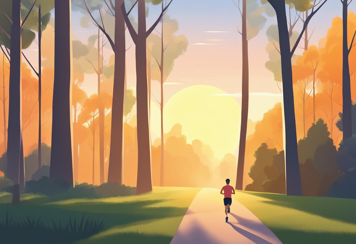 A person runs along a tree-lined path, with a stopwatch in hand, focusing on their form and breathing. The sun sets in the distance, casting long shadows across the ground