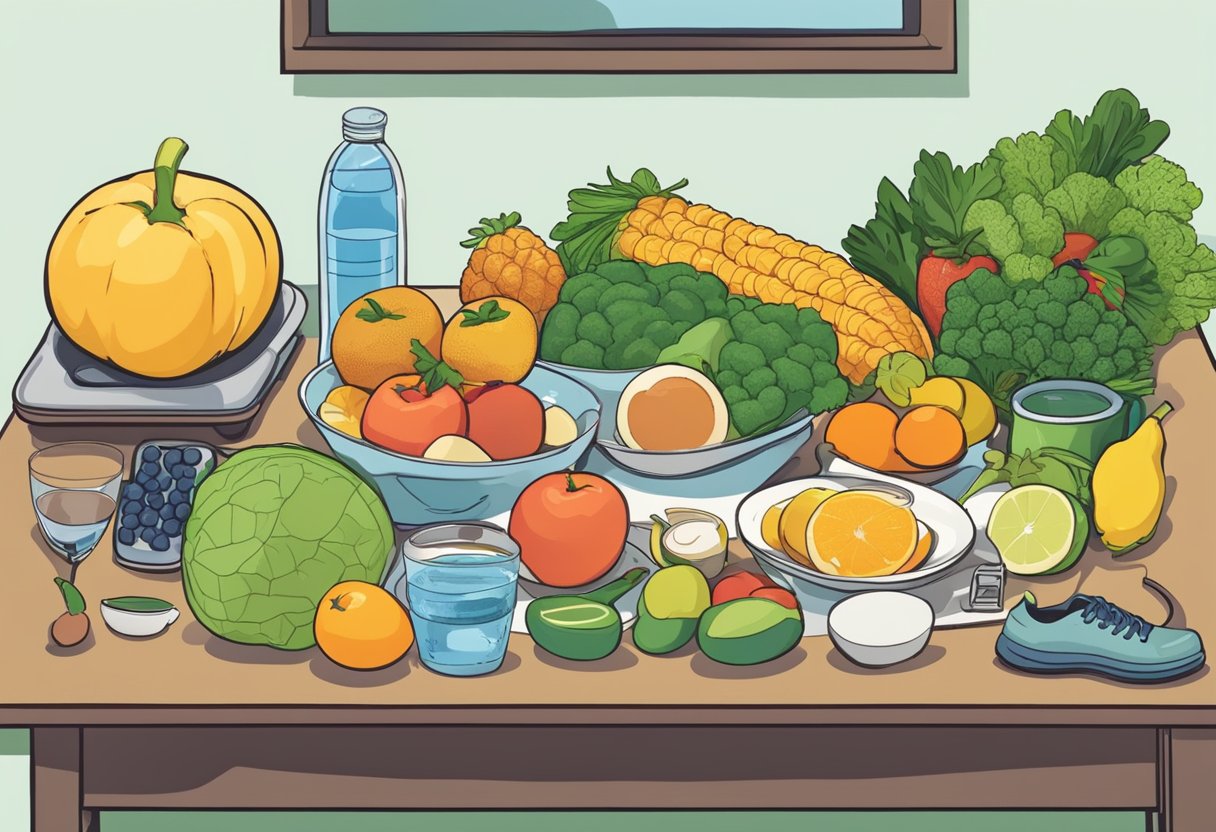 A table with balanced meals, fruits, vegetables, and water, alongside a pair of running shoes and a scale