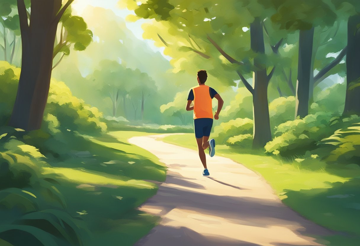 A person running through a serene park, surrounded by lush greenery and bright sunlight, with a sense of accomplishment and improved mood