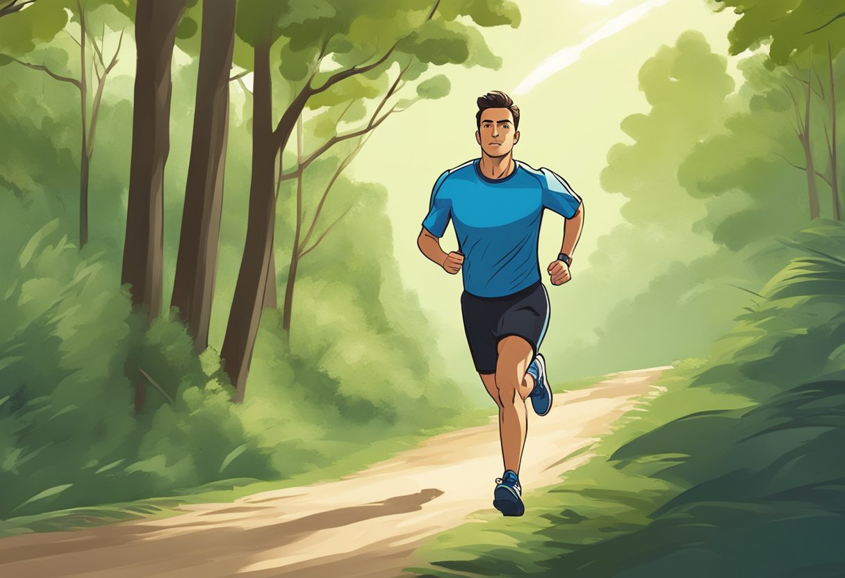 A person running along a scenic trail, surrounded by trees and nature, with a determined expression on their face