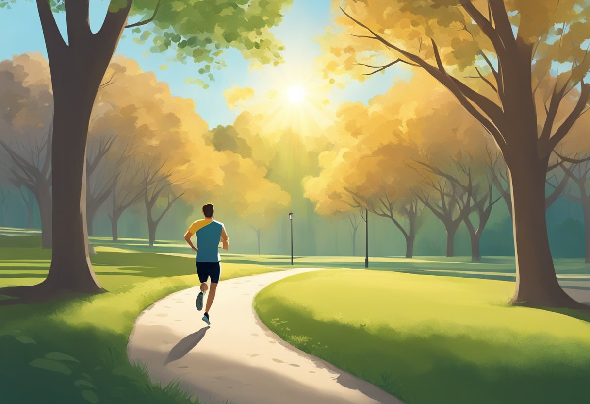 A person running on a path through a park, surrounded by trees and nature, with a clear sky and the sun shining overhead