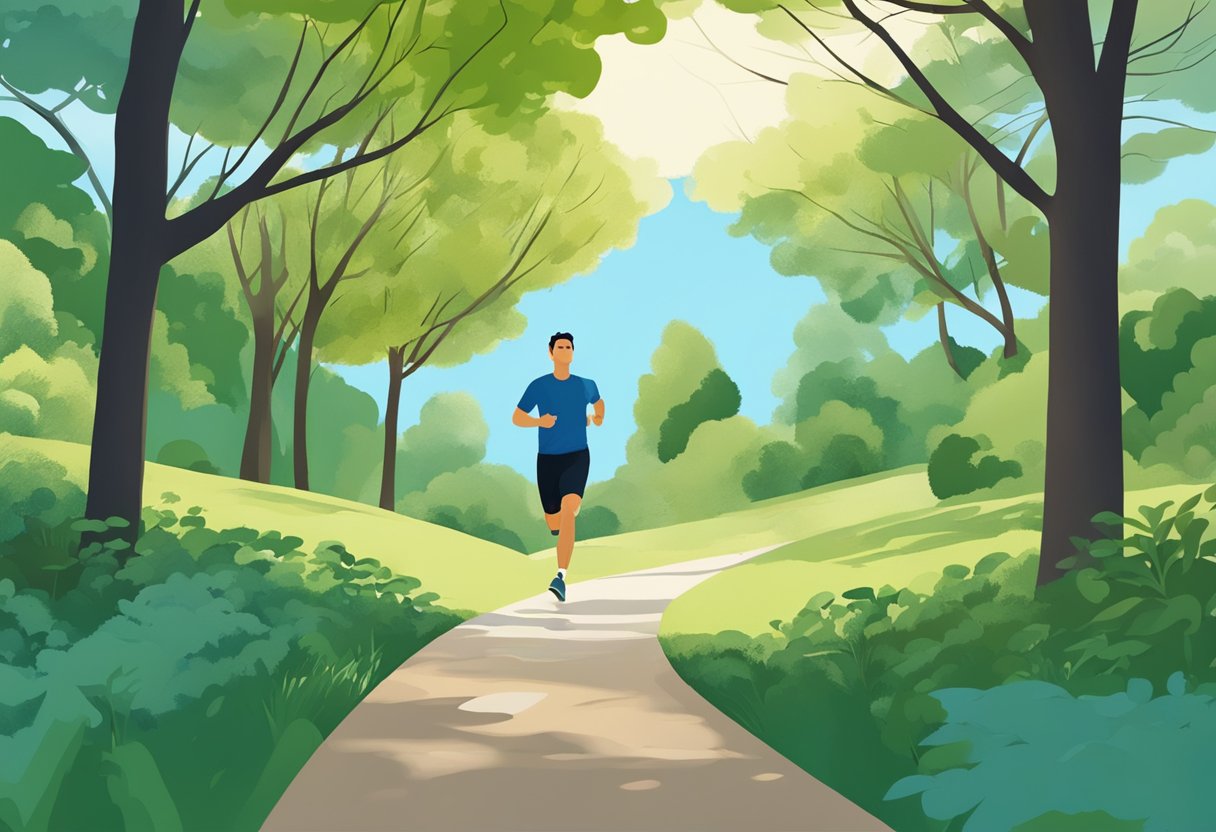 Person running on a path through a park, surrounded by trees and greenery, with a clear blue sky overhead