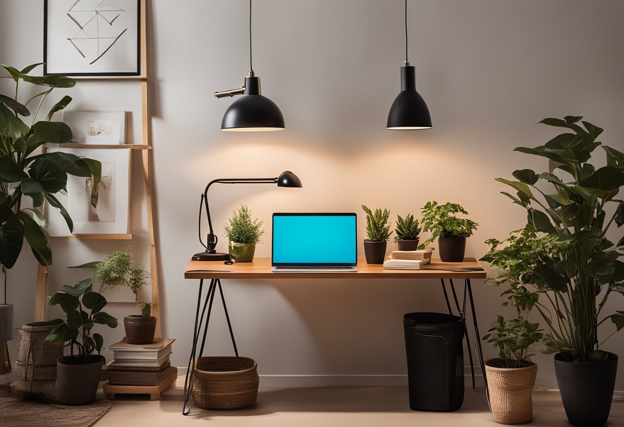 A clutter-free desk with a sleek laptop, potted plants, and a vintage desk lamp casting a warm glow. Aesthetic stationery and art prints adorn the walls