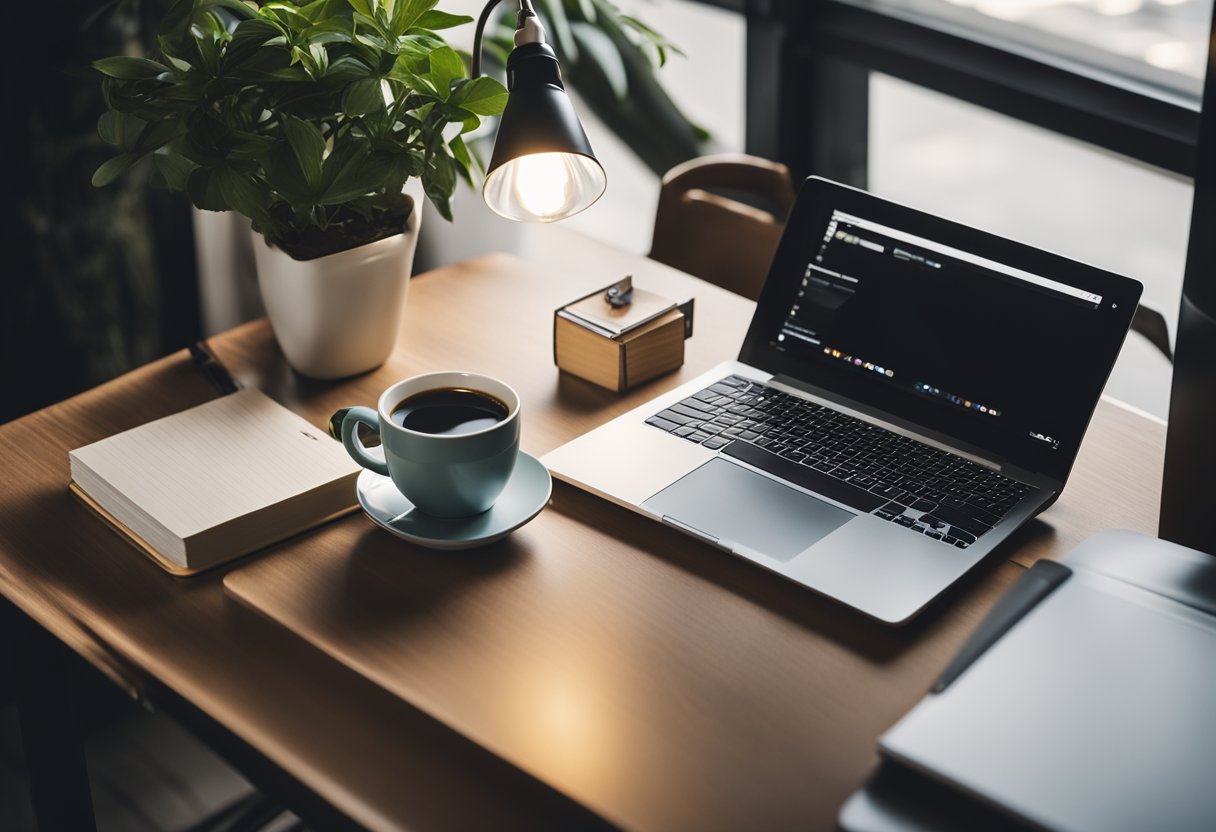 A clutter-free desk with a sleek laptop, a potted plant, and a stylish desk lamp. A stack of books neatly arranged, with a cup of coffee and a notepad