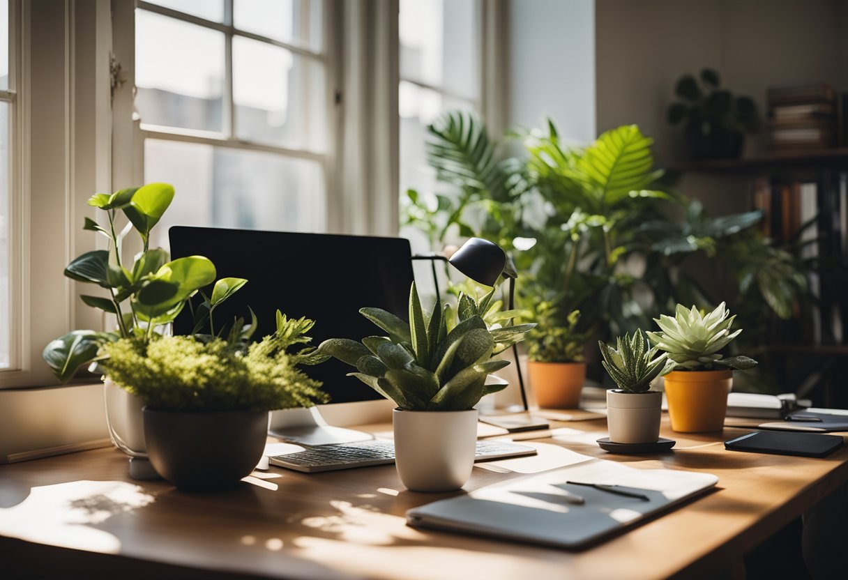 A clutter-free desk with a pop of color, plants, and personal knick-knacks. Natural light streams in from a nearby window, casting a warm glow over the organized workspace