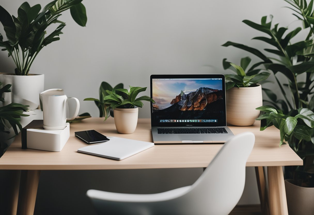 A clutter-free desk with minimalist decor, a potted plant, and a sleek laptop