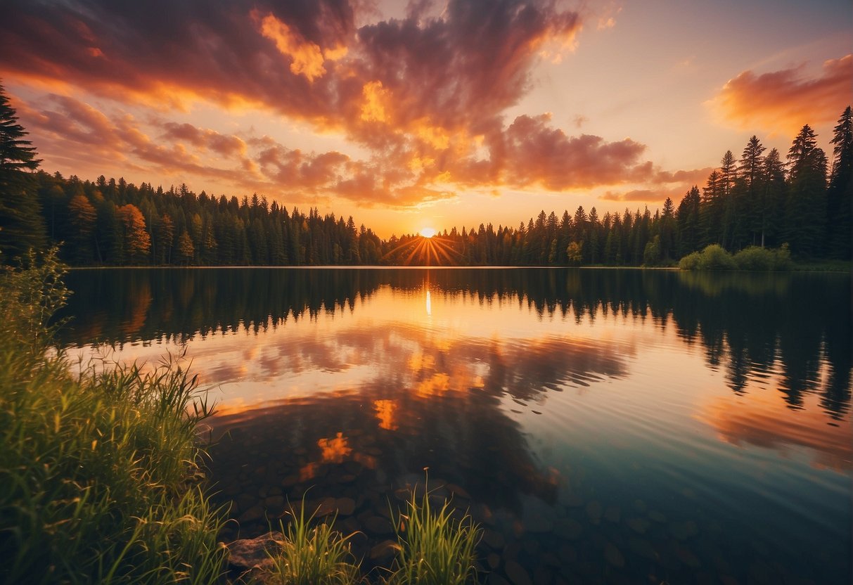 A vibrant sunset over a tranquil lake, with warm hues reflecting off the water and cool tones contrasting in the sky. The composition emphasizes the impact of color in invoking emotions