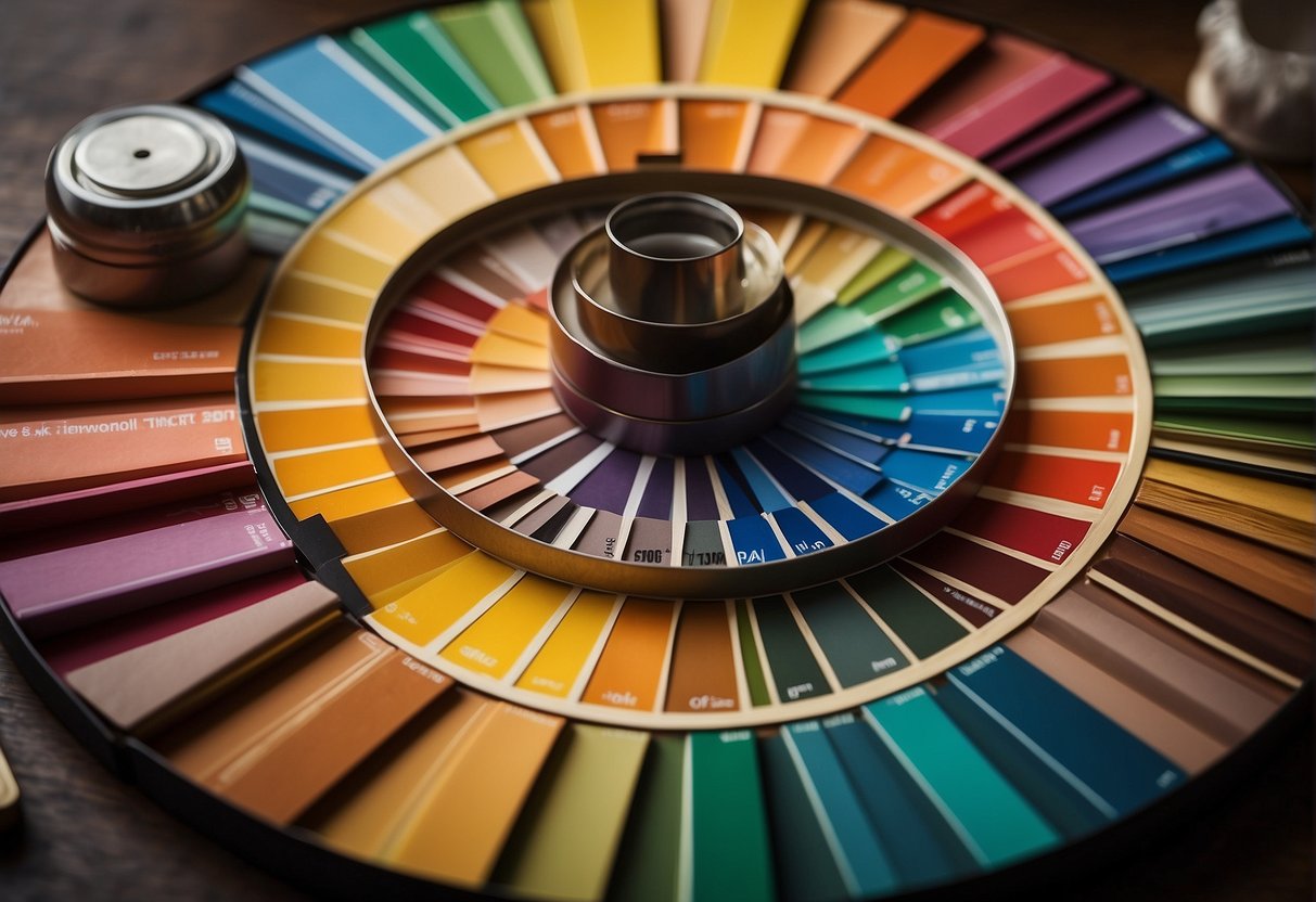 A color wheel with warm and cool tones, surrounded by various art supplies and examples of artwork evoking different emotions