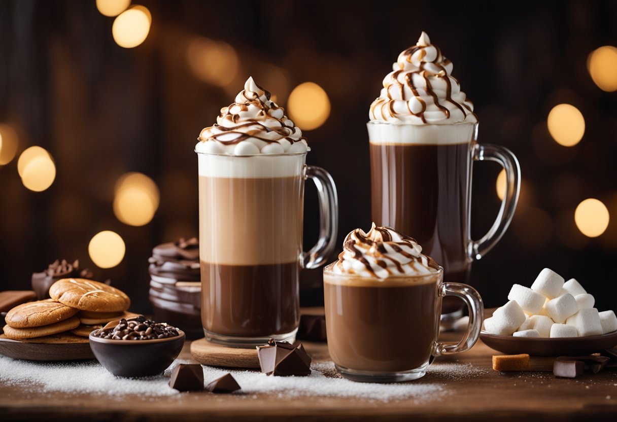 A cozy café with steaming mugs of hot chocolate adorned with whipped cream, marshmallows, and drizzles of caramel and chocolate sauce. A variety of gourmet toppings and flavors are displayed on a rustic wooden counter