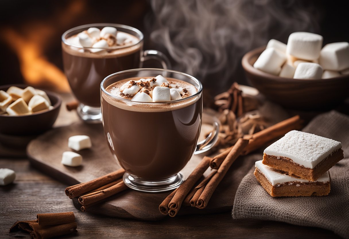A steaming mug of hot chocolate sits next to an array of delectable treats, including marshmallows, cookies, and cinnamon sticks. The warm, comforting drink is surrounded by a cozy atmosphere, perfect for a relaxing indulgence