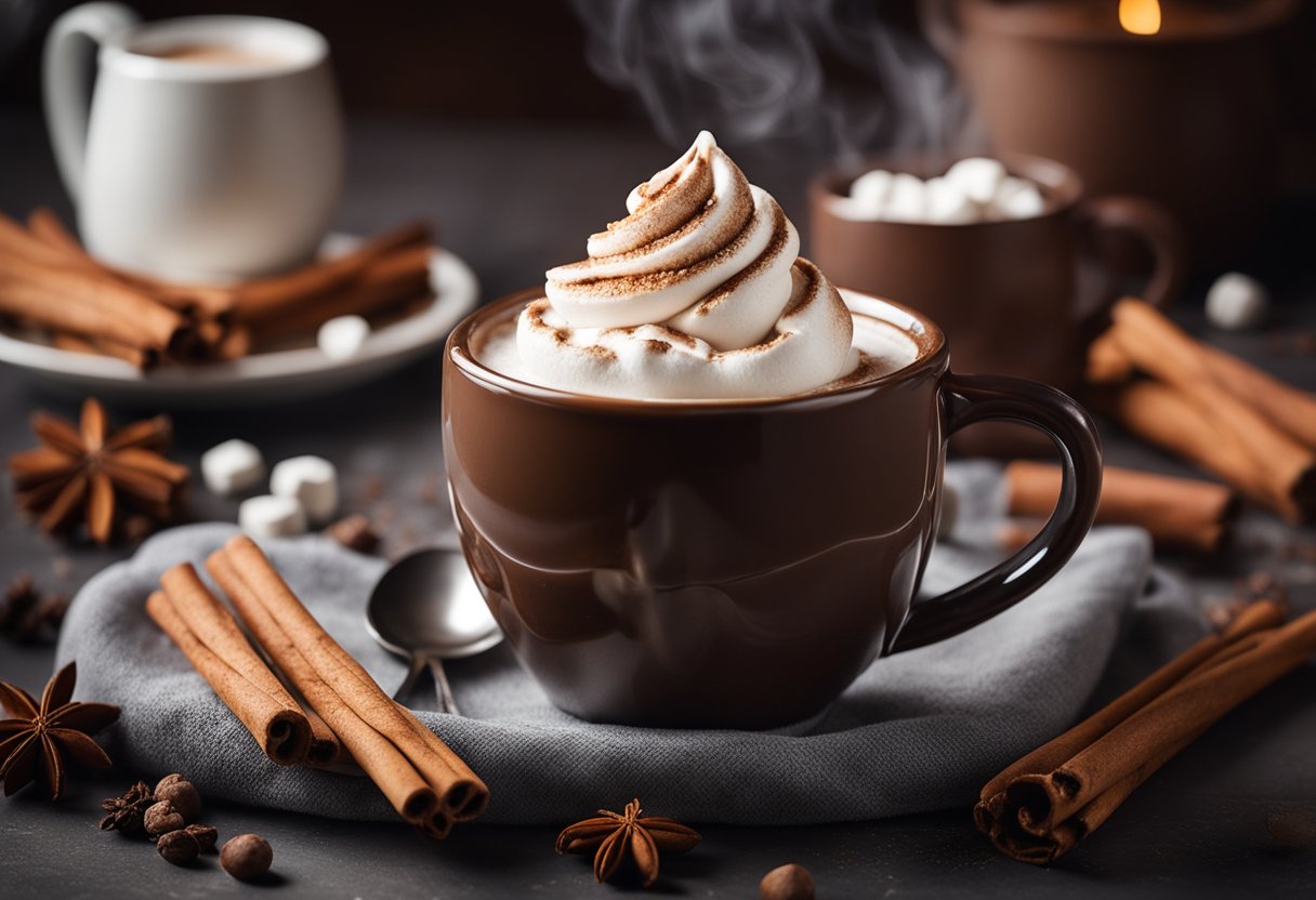 A cozy cafe setting with a steaming mug of hot chocolate surrounded by various ingredients such as cinnamon sticks, marshmallows, and whipped cream
