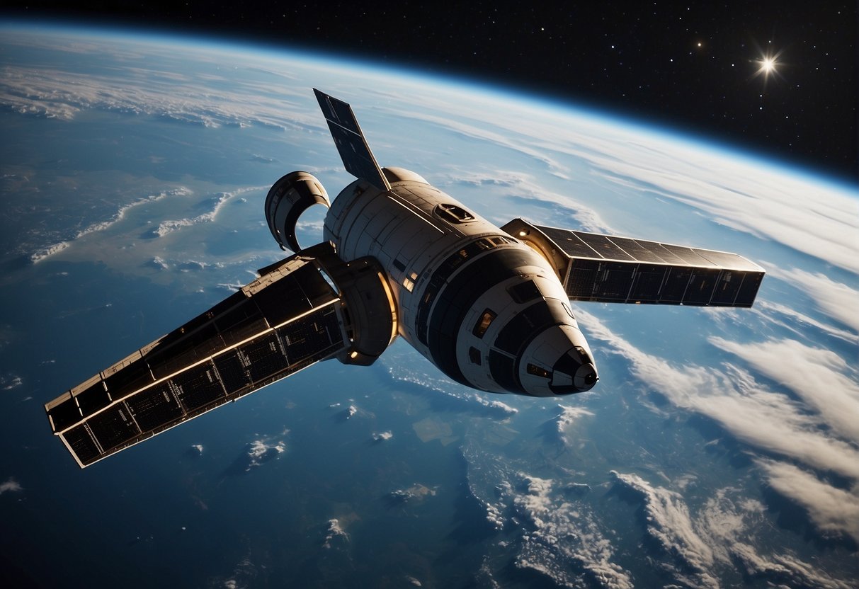Spacecraft orbiting Earth, with a view of the planet below and stars above. A smaller shuttle docks with the larger craft, symbolizing the evolution of space tourism