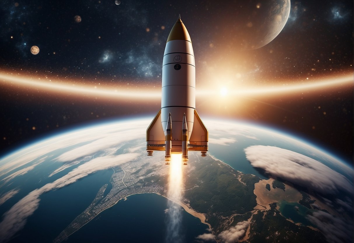 A rocket launches into space, surrounded by a framework of policies and regulations, symbolizing the evolution of space tourism from dreams to reality