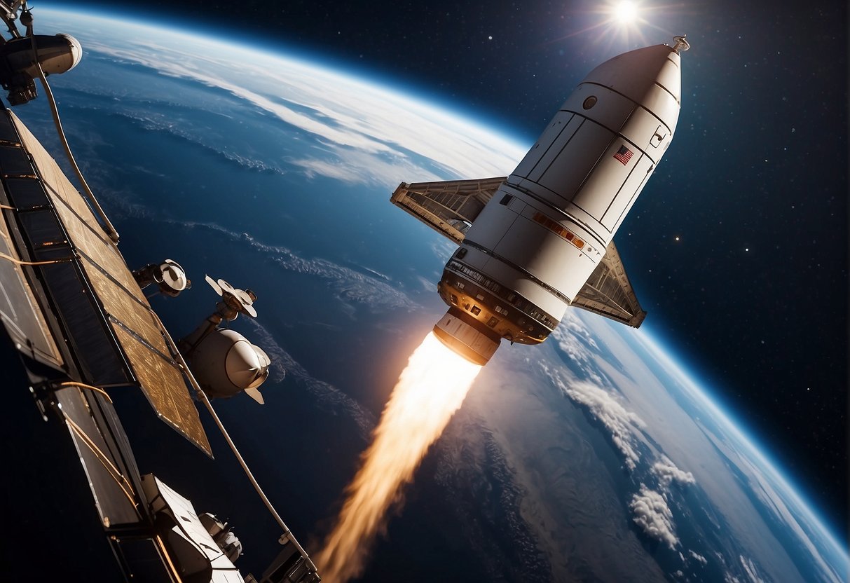 Spacecraft launching into orbit, with Earth in background, showcasing the evolution of space tourism impacting society and economy