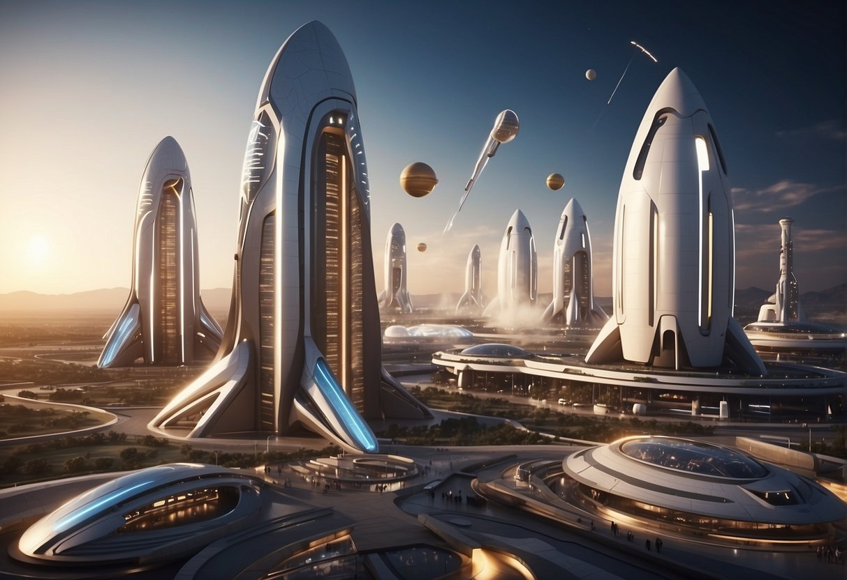 A bustling spaceport with rockets launching, international flags flying, and futuristic architecture. A hub of activity with spacecraft arriving and departing, showcasing the global evolution of space exploration