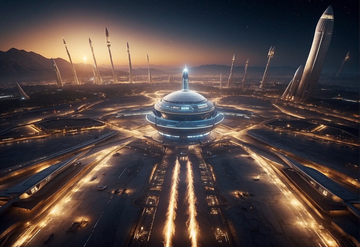 A bustling spaceport with rockets launching and landing, surrounded by futuristic buildings and infrastructure, with a backdrop of stars and planets in the sky