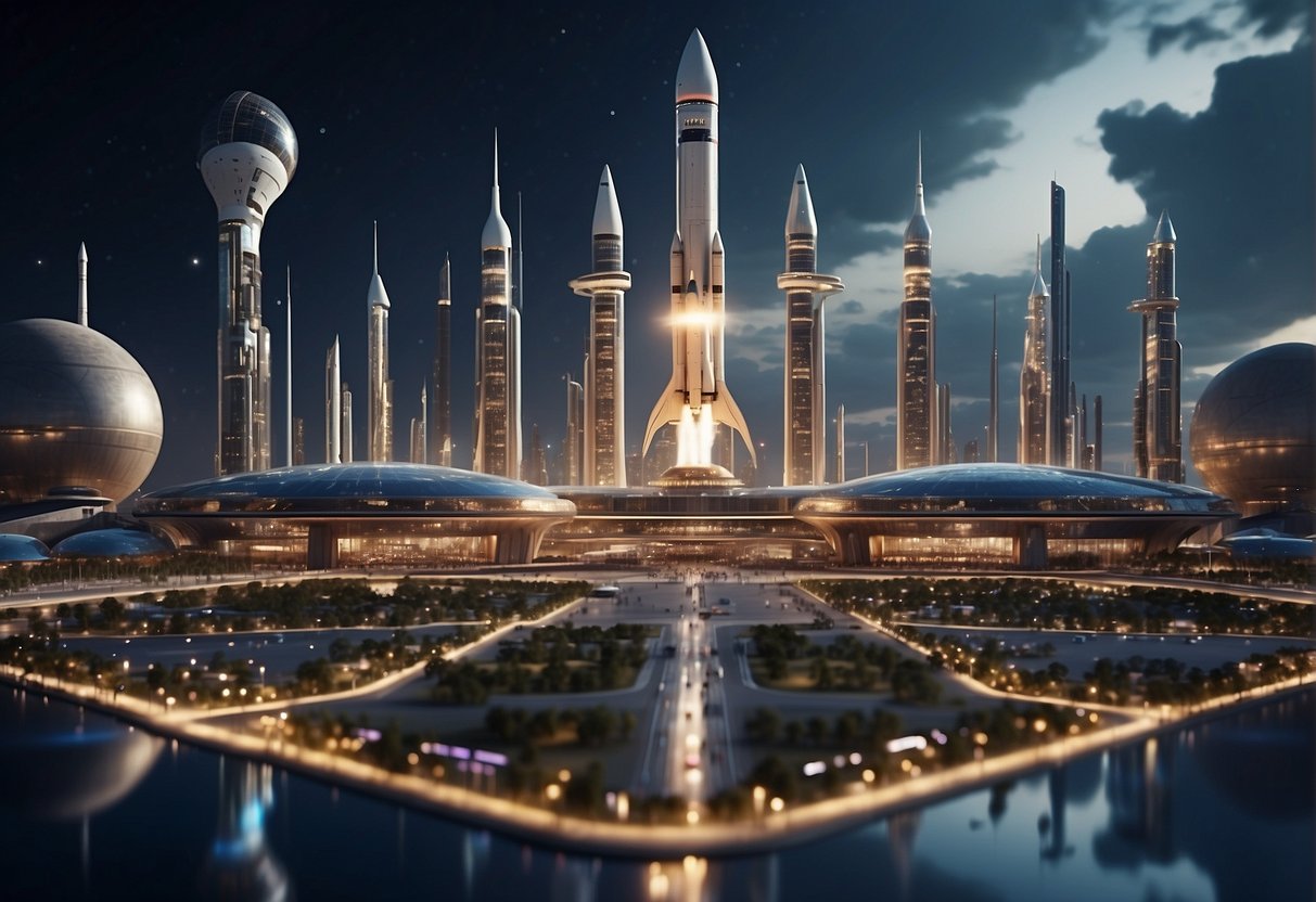 A bustling spaceport with rockets launching, surrounded by futuristic buildings and infrastructure, showcasing the global significance of space exploration