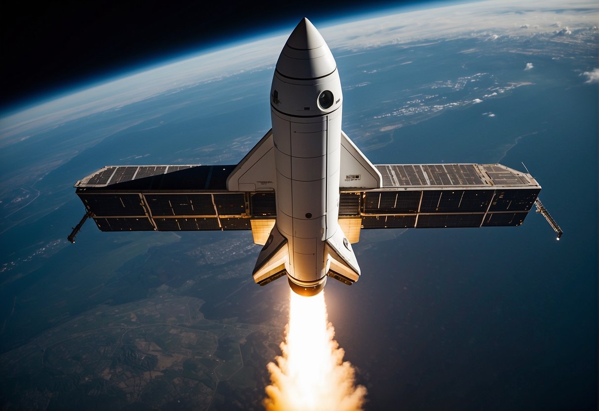 A rocket launching into space, with a futuristic space station orbiting Earth. Advanced spacecraft and engineering equipment are visible, highlighting the challenges and costs of space tourism