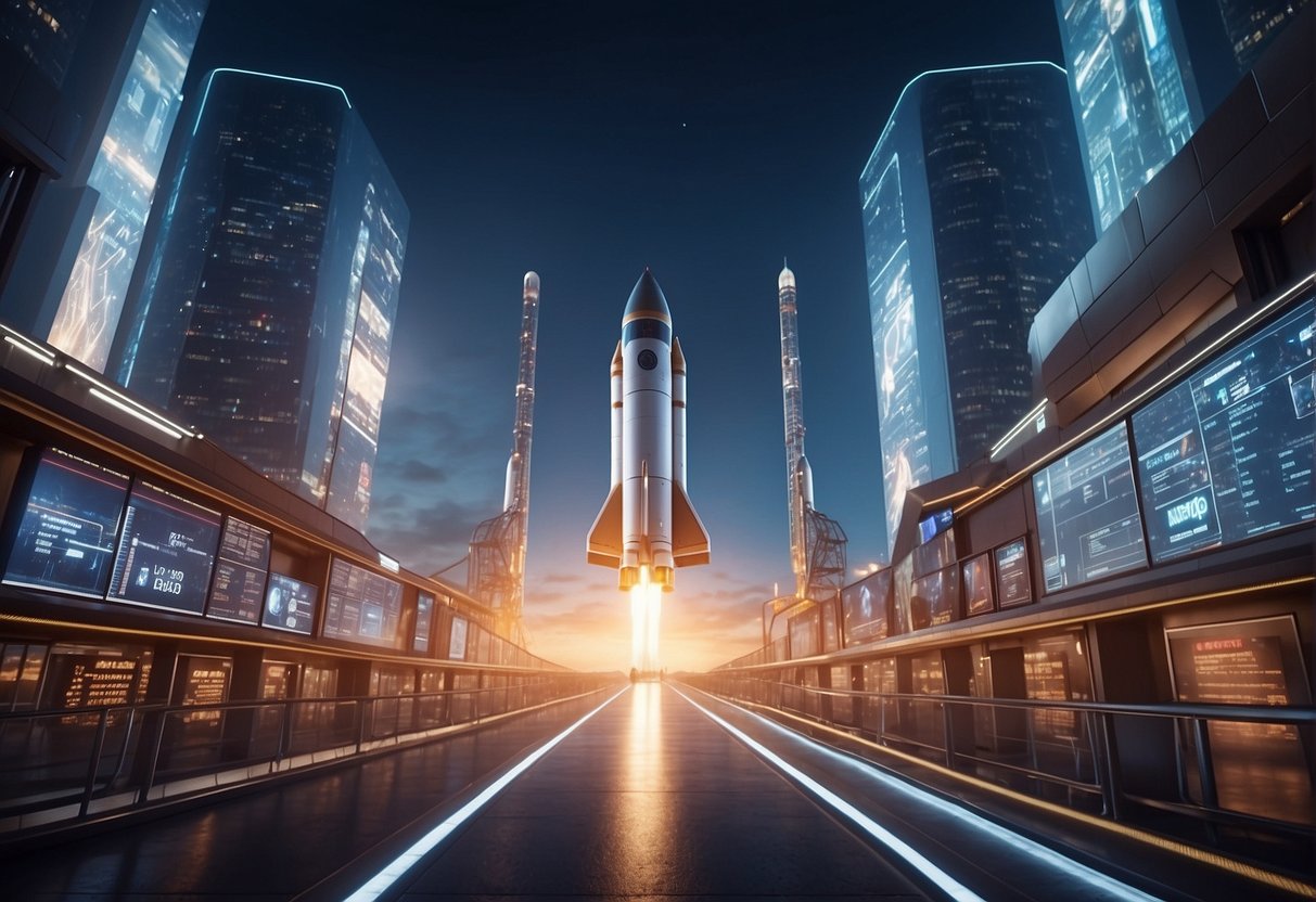 A rocket launching from a futuristic spaceport, surrounded by safety barriers and regulatory signs. Cost and challenge data displayed on digital screens