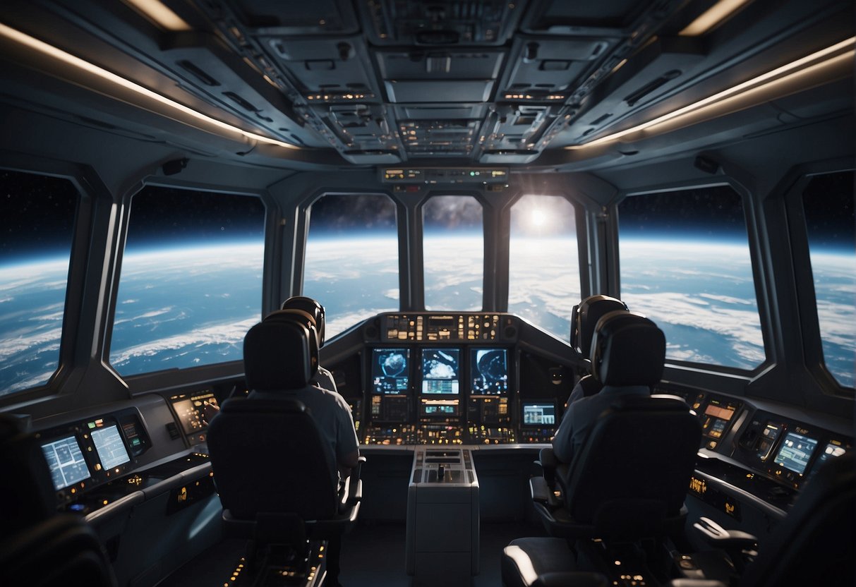 Passengers float weightlessly in a spacious spacecraft, gazing out at the breathtaking view of Earth from their large windows. The crew members move gracefully, attending to their needs with precision and care