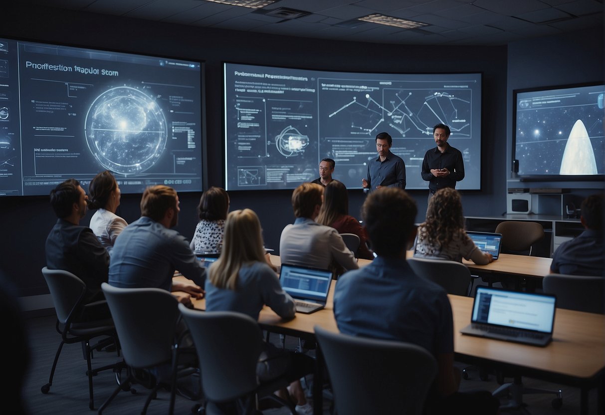 A group of people in a classroom, learning about space tourism. Charts and diagrams are projected on a screen, while the instructor explains the requirements and process