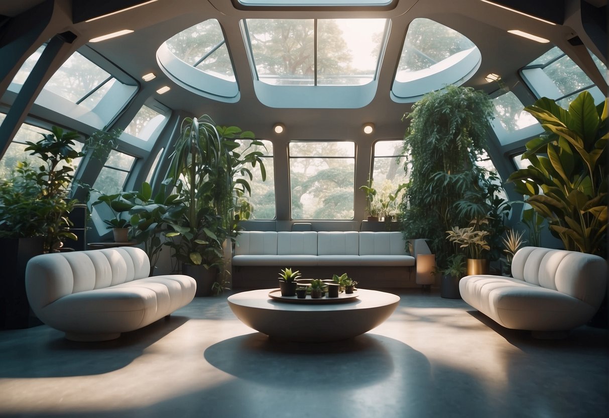 A spaceship interior with plants and calming colors, a relaxation area with exercise equipment, and a virtual reality room for mental health