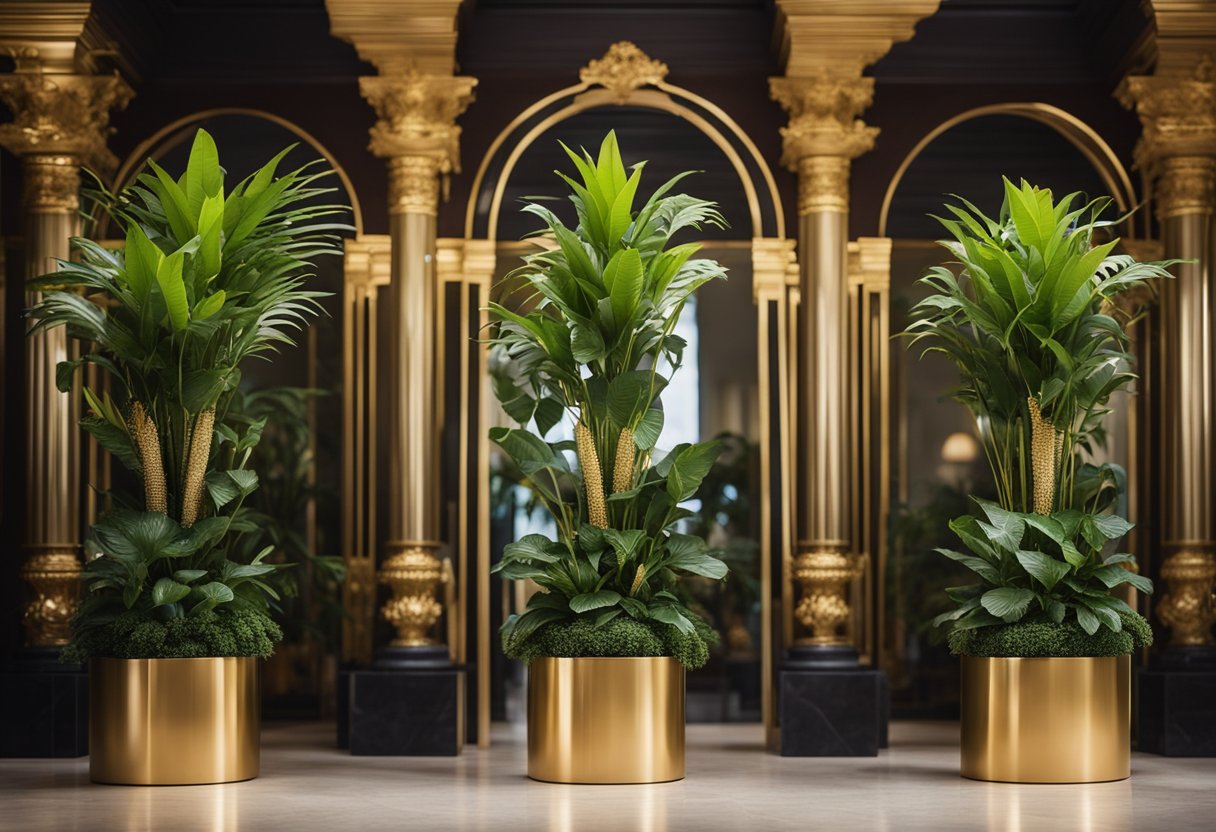 Exotic plants displayed on golden pedestals, surrounded by opulent decor. Each plant exudes luxury and rarity, with price tags that reflect their exclusive status
