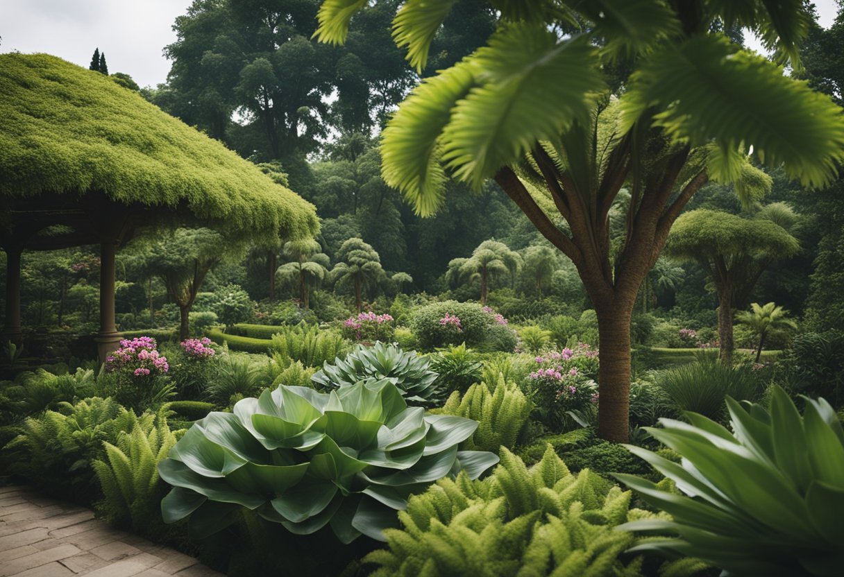 Lush garden with rare, pricey plants. Exotic flowers and towering trees. A sense of history and wealth