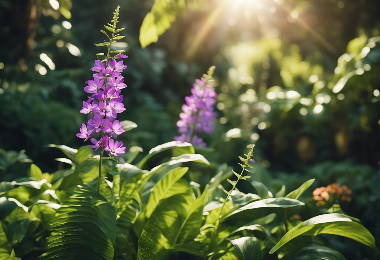 A lush garden with rare and exotic plants, each labeled with a price tag. The sun shines down, highlighting the intricate details of the expensive flora