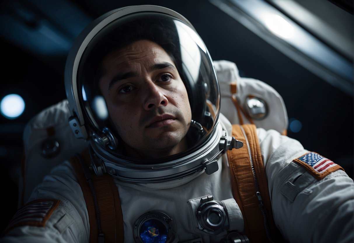 A disoriented astronaut floats in a dimly lit spacecraft, staring out at the vast emptiness of space. Their expression reflects a mix of awe and unease, hinting at the psychological toll of long-term space travel