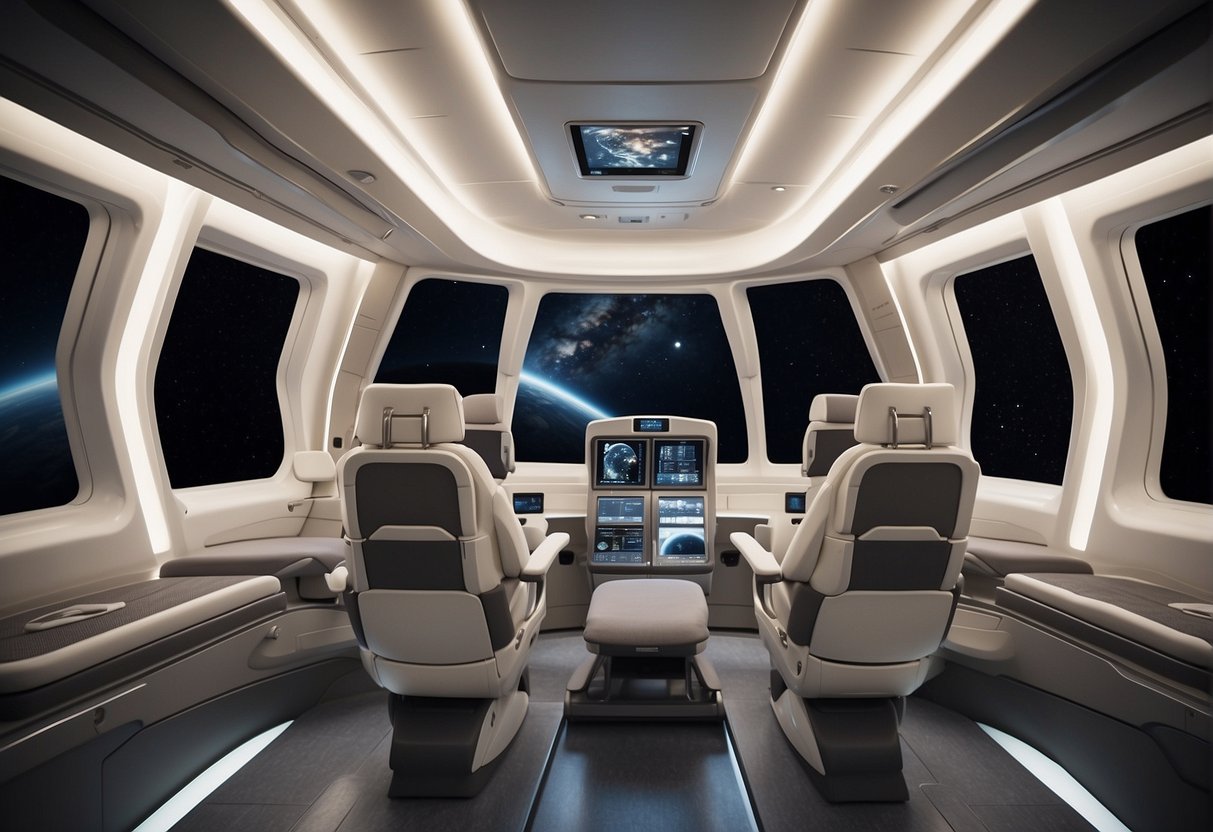The Future of Spacecraft: The spacecraft interior features ergonomic seating, adjustable lighting, and spacious workstations for maximum comfort and efficiency