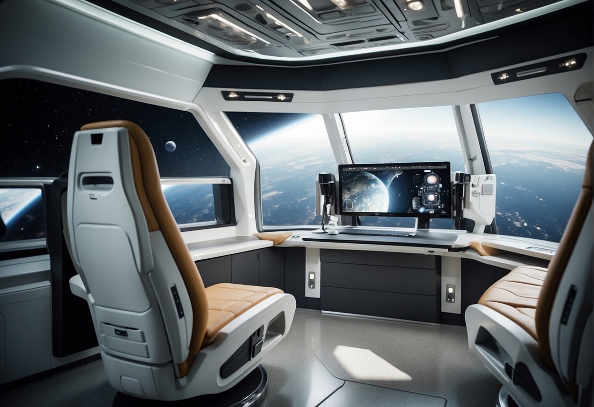A spacious, well-lit spacecraft interior with ergonomic seating, adjustable workstations, and integrated storage. Soft, neutral colors and natural materials create a calming atmosphere. Advanced technology seamlessly integrated into the design