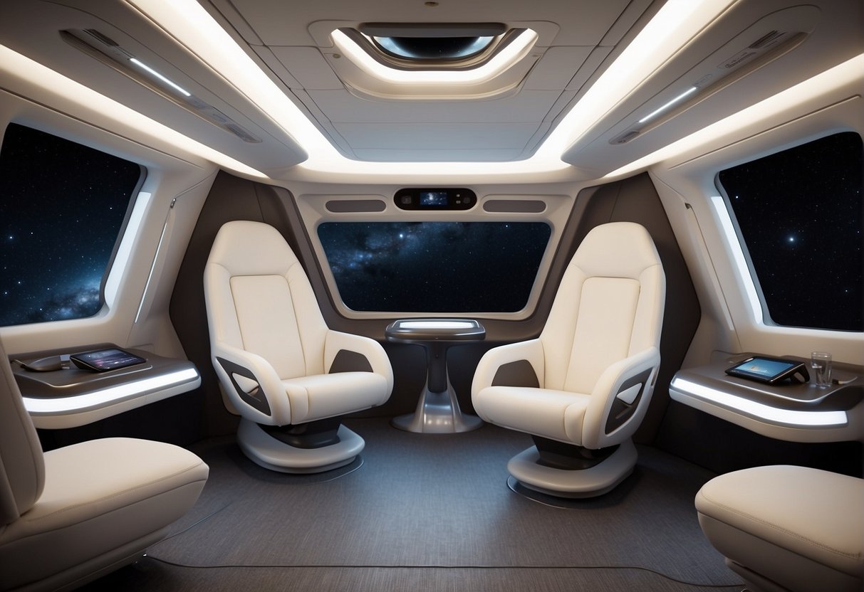 A spacious and modern spacecraft interior with ergonomic seating, adjustable lighting, and sleek, functional design for comfort and efficiency