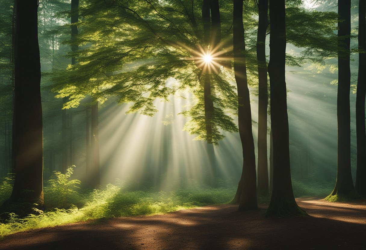 A serene forest clearing, with sunlight filtering through the trees, symbolizing acceptance and peace