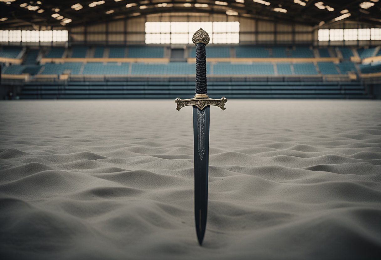 A lone sword lies abandoned in a deserted arena, symbolizing the futility of winning a battle that has already ended