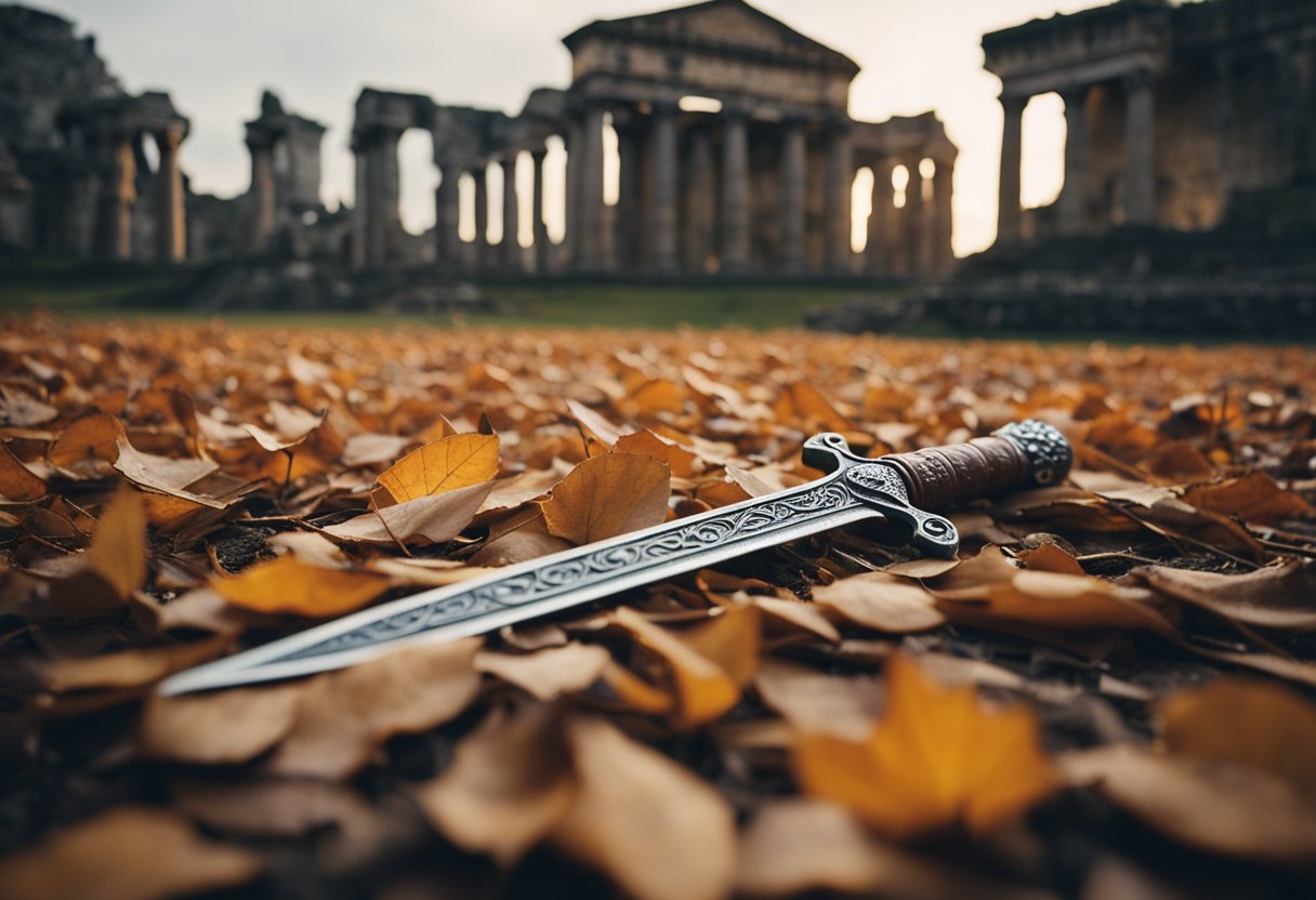 A broken sword lies on the ground, surrounded by fallen leaves and ancient ruins