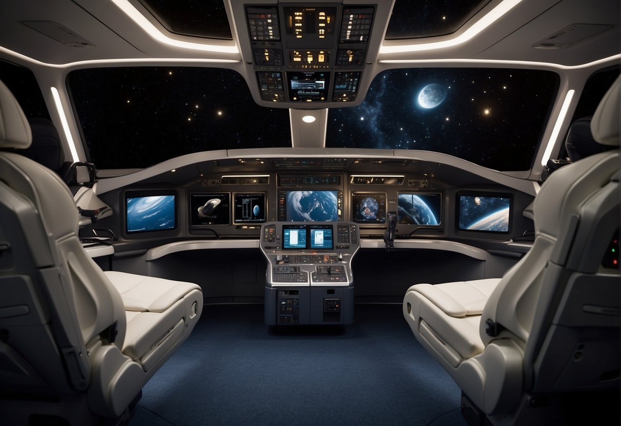The spacecraft interior is spacious, with ergonomic seating and ample storage. The layout includes integrated technology and lighting for comfort and efficiency
