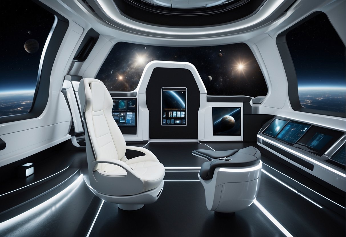 A sleek spacecraft interior with ergonomic seating, soft lighting, and minimalist design elements. Aesthetically pleasing and comfortable for long-duration space travel