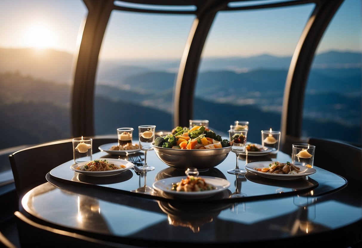 A futuristic dining area with floating food trays and vacuum-sealed meal packets, surrounded by a panoramic view of space